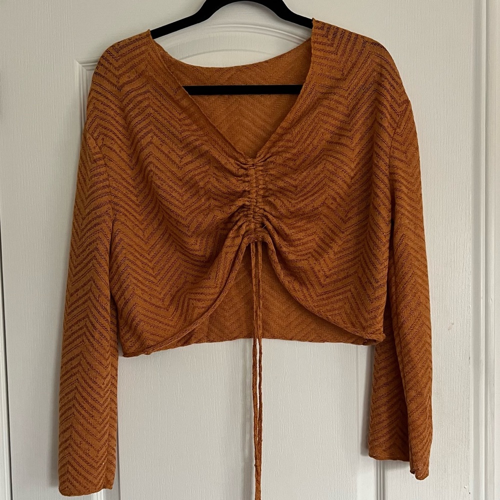 DAZY Rust Orange Ruched Long Sleeve Cropped Top with Drawstring Size XL